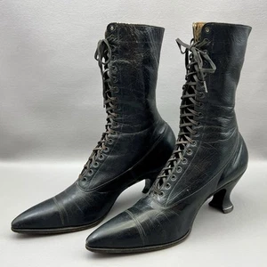 Antique Women's Victorian Edwardian Black Lace Up Leather Boots Made In Iowa - Picture 1 of 15
