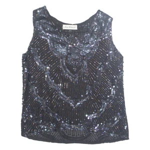 ANN KATRINE Beaded Sequin Womens Top Black V-Neck Sleeveless M - Picture 1 of 6