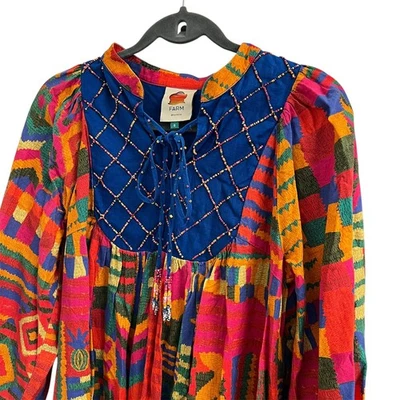 FARM RIO 夏季补丁刺绣束腰亚麻迷笛连衣裙女式小号波西米亚 — 第 1/4 张图片