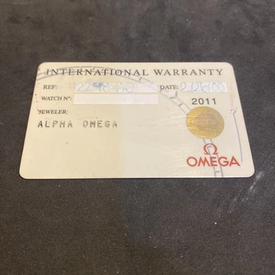 Tarjeta de garantía Omega International vintage rara blanca 2011 Alpha Omega 26/2/2000  Foto 1 de 2