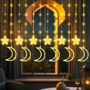 Twinkling Star Moon LED Curtain Lights Ramadan Eid Mubarak Fairy String Light UK - Picture 1 of 19