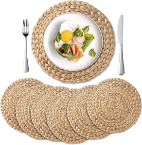 6 Pack, round Woven Placemats, Natural Water Hyacinth Wicker Place Mats, Braided - Picture 1 of 9