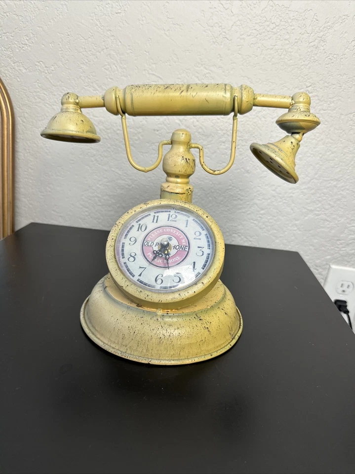 Yellow Retro Metal Mantel Clock - Old Fashioned Telephone - Vintage Shabby Chic - Image 1 of 4