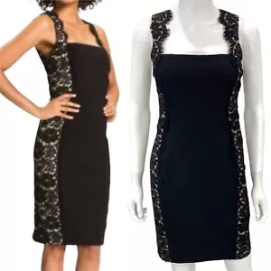 Aidan Mattox Lace Panel Woven Sheath Knee Length Cocktail Party Dress in Black - Picture 1 of 13