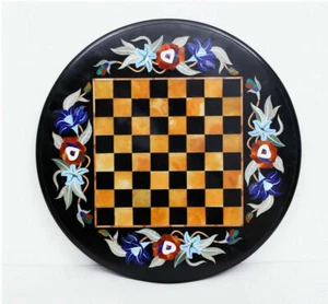 18'' Black Marble Chess Table Top Pietra Dura Inlay Malachite Children Game c27 - Picture 1 of 5