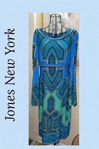 Jones New York blau Medaillon Print seidig Strick Etui-Kleid-Größe 8 - Bild 1 von 6