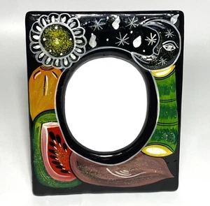PICTURE FRAME, MEXICAN  FOLK ART POTTERY, HAND PAINTED SUN MOON BLACK - Picture 1 of 12