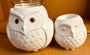 PartyLite_Natures Love_White Ceramic Mama/Baby Owl Votive/Tea Light Holders - Picture 1 of 8