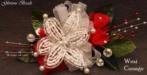 Corsage Red Beaded Lily Silk Roses, Beads Rhinestones. Boutonniere Option Prom - Picture 1 of 7