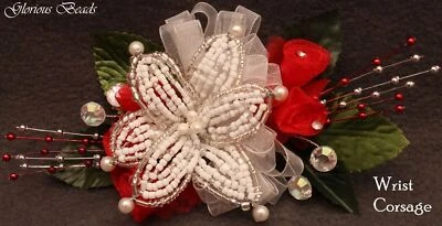 Corsage Red Beaded Lily Silk Roses, Beads Rhinestones. Boutonniere Option Prom - Image 1 of 4