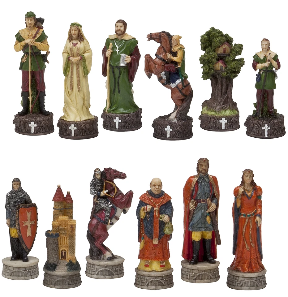 Robin Hood Chessmen Set Solid Mable Resin Felted Hand Painted King Height 3 1/8" - Image 1 of 1