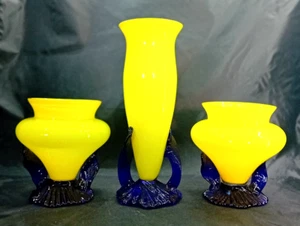 3 Stunning Vintage Bohemian Art Deco Yellow & Blue 'Tango' Art Glass Vases 1930s - Picture 1 of 13