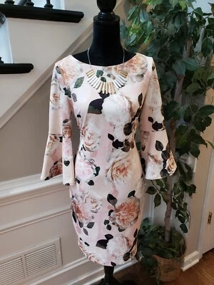 Calvin Klein Women's Pink Floral Lined Back Zip Long Sleeve Knee Length Dress S - Image 1 of 4