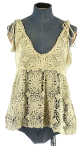 Zara Crochet Top Blouse Tie Up Straps Ivory Tassel Scoop Neckline Bohemian Y2K S - Picture 1 of 9