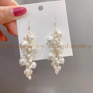 White South Sea Shell Pearl 4-12mm Round Beads Cluster Dangle Hook Earrings - Picture 1 of 4