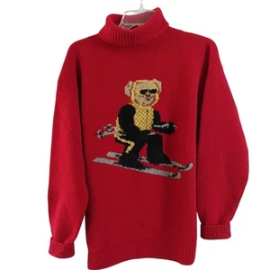 Vtg Ralph Lauren Medium Wool Cashmere Hand Knit Ski Bear Turtleneck Sweater Red - Picture 1 of 9