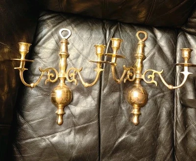 Antique/Vintage Dual Candle Light Brass Wall Sconces (Lot Of 2) Ornate, Rare - Image 1 of 3