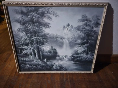 Pintura al óleo grande escena de nieve de montaña en blanco y negro de colección 43,5" L x 31,5" W Foto 1 de 2