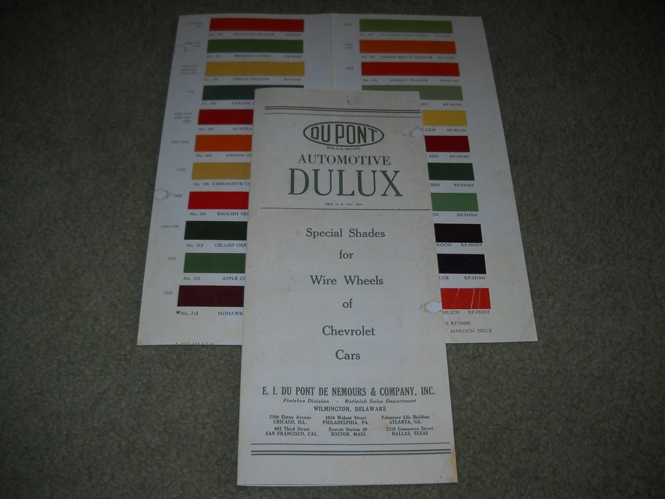 1928 1929 1930 1931 1932 1933 CHEVROLET WIRE WHEEL PAINT COLOR CHIPS BROCHURE