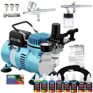 2 Master Airbrush Air Compressor Kit, 6 Primary Opaque Acrylic Paint Colors Set - Picture 1 of 5