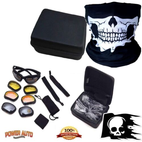 Motorcycle Glasses Goggles Sunglasses UV400 Carry Case & Skull Face Mask & Decal