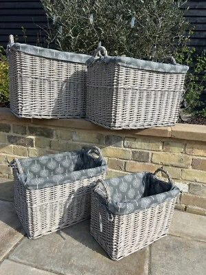Rectangular Grey-wash Wicker Log Fireside Storage Basket with Mulberry Liner - Image 1 of 4