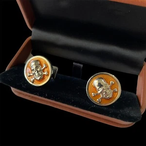Robert Talbott Chelsea Manschettenknöpfe neu mit Etikett orange Totenkopf & gekreuzte Knochen Chrom 325 $ - Bild 1 von 5
