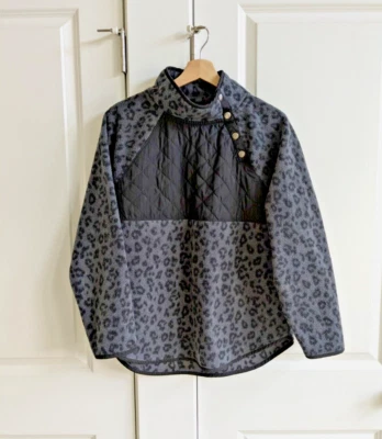 Chaqueta polar J Crew para mujer M acolchada cuello a presión estampado de guepardo suéter sherpa Foto 1 de 4