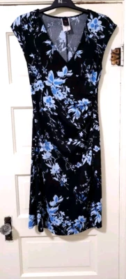 VINTAGE Y2K 90s WRAPPER Midi Dress Small Navy Blue Floral Stretch Ruch Side EUC - Image 1 of 4