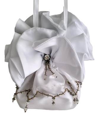 Bolsa de dinero blanca satinada para novia bolsa de recuerdo nupcial con cuentas suministros de boda fiesta Foto 1 de 4