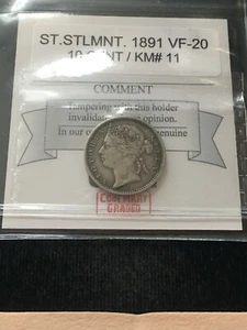 1891 Straits Settlements ; 10 Cent, Coin Mart Graded**VF-20** KM# 11 - Picture 1 of 8