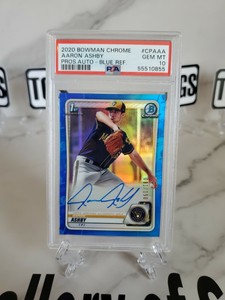 AARON ASHBY 2020 BOWMAN CHROME ROOKIE BLUE REFRACTOR #81/150 ON CARD AUTO PSA 10