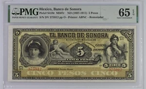 Mexico, Banco de Sonora, 5 Pesos P#S419r ND (1897-1911) PMG 65 EPQ GEM UNC - Picture 1 of 2