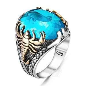 925 Sterling Silver Aquamarine Stone Scorpion Figure Men's Ring - Picture 1 of 4