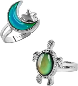 2 Pcs Mood Rings Turtle and Star Moon Adjusable Size Color Changing Ring for Kid - Picture 1 of 12