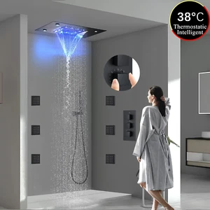 Black Thermostatic 20"x14" LED Full Body Shower System with 6x Massage Body Jets - Picture 1 of 12