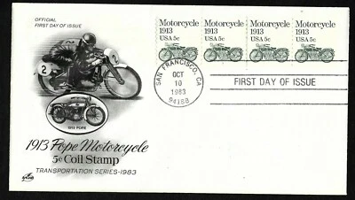 #1899 5c Pope Motorcycle 1913- ArtCraft FDC Plt # 1 Coil (4) with Line Pair - Image 1 of 3