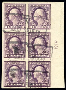 US 483 3c 1917 Washington no watermark type I imperf used plate block of 6 - Picture 1 of 2