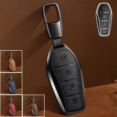 Zinc Alloy Leather Car Remote Key Fob Case Cover For BYD Tang DM Qin Song Han EV - Image 1 of 4