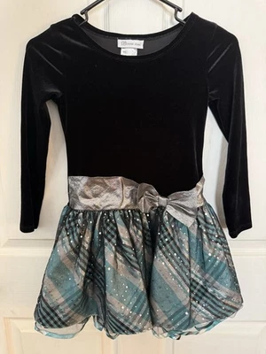 Vestido de Navidad BONNIE JEAN Niñas Manga Larga Terciopelo Negro/Verde Oscuro 7 Foto 1 de 4