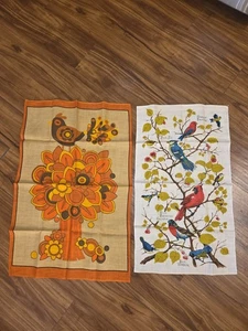 Vintage 2 Geschirrtücher Leinen lebendig bunt Vögel - Bild 1 von 3
