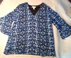 Calvin KLEIN blue BLACK white Floral Flare Sleeve Size MED WOMENS - Picture 1 of 13