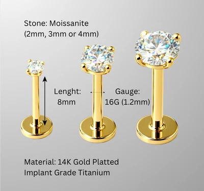 Moissanite Labret Stud Dainty Titanium Piercing Jewelry, 16G Threadless - Image 1 of 3