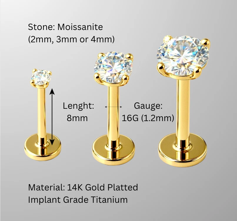 Moissanite Labret Stud Dainty Titanium Piercing Jewelry, 16G Threadless - Image 1 of 3