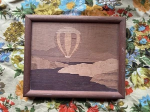 Vintage Hot Air Balloon Wood Inlay Marquetry Art Picture Framed - Picture 1 of 4