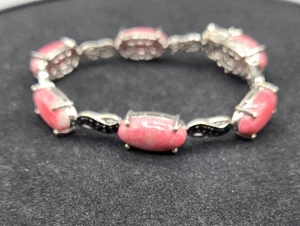 Silber 925 ovaler Thulit Stein mit schwarzen Spinell Verbindern & Sicherheitsverschluss Armband - Bild 1 von 4