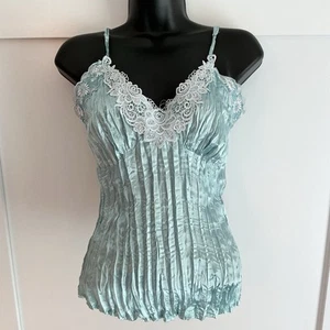 Vintage Marianne Tank Top Camisole Women's M 100% Silk Blue Lace Trim Crinkle - Picture 1 of 5