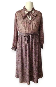 Mango Purple Paisley Tie Neck Elasticated Waist Midi Dress Size XL - Picture 1 of 14