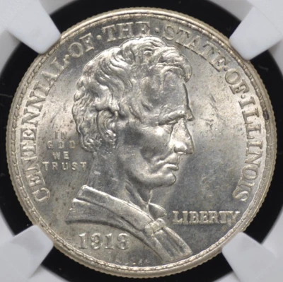 Medio dólar conmemorativo de Illinois 1918 NGC MS 63 BRILLO BLANCO NÍTIDO NO ES Foto 1 de 4