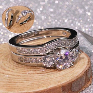 925 Silber Ringe Mode Größe 5-10 Damen Zirkonia Schmuck Geschenke 2 Teile/Set - Bild 1 von 13